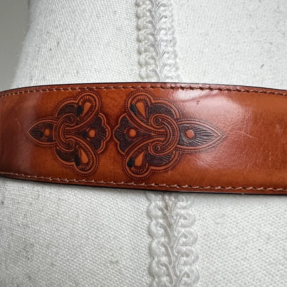 Vintage Ermenegildo Zegna Tooled Leather Belt Brown Womens Gold Buckle Cognac